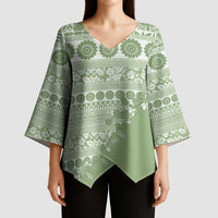 Fiji Marau na Kerisimasi Kimono Sleeve Blouse Sage Green Tagimoucia Tapa Masi Tribal LT9 - Polynesian Pride