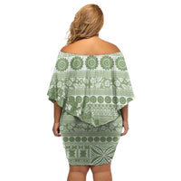 Fiji Marau na Kerisimasi Off Shoulder Short Dress Sage Green Tagimoucia Tapa Masi Tribal LT9 - Polynesian Pride