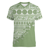 Fiji Marau na Kerisimasi Women V-Neck T-Shirt Sage Green Tagimoucia Tapa Masi Tribal LT9 Female Green - Polynesian Pride