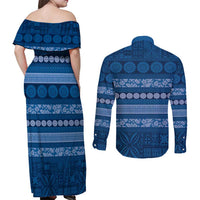 Fiji Marau na Kerisimasi Couples Matching Off Shoulder Maxi Dress and Long Sleeve Button Shirt Blue Tapa Masi Inspired Christmas LT9 - Polynesian Pride