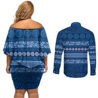 Fiji Marau na Kerisimasi Couples Matching Off Shoulder Short Dress and Long Sleeve Button Shirt Blue Tapa Masi Inspired Christmas LT9 - Polynesian Pride