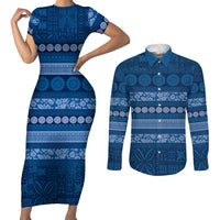 Fiji Marau na Kerisimasi Couples Matching Short Sleeve Bodycon Dress and Long Sleeve Button Shirt Blue Tapa Masi Inspired Christmas LT9 Blue - Polynesian Pride