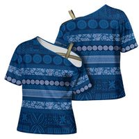 Fiji Marau na Kerisimasi Cross Shoulder Shirt Blue Tapa Masi Inspired Christmas - Polynesian Pride