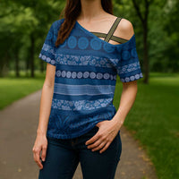 Fiji Marau na Kerisimasi Cross Shoulder Shirt Blue Tapa Masi Inspired Christmas - Polynesian Pride