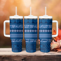 Fiji Marau na Kerisimasi Tumbler With Handle Blue Tapa Masi Inspired Christmas - Polynesian Pride