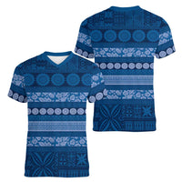 Fiji Marau na Kerisimasi Women V-Neck T-Shirt Blue Tapa Masi Inspired Christmas LT9 - Polynesian Pride