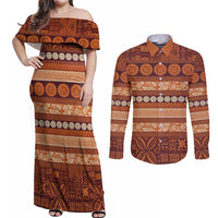 Fiji Marau na Kerisimasi Couples Matching Off Shoulder Maxi Dress and Long Sleeve Button Shirt Gold Tapa Masi Inspired Christmas LT9 Gold - Polynesian Pride