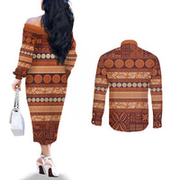 Fiji Marau na Kerisimasi Couples Matching Off The Shoulder Long Sleeve Dress and Long Sleeve Button Shirt Gold Tapa Masi Inspired Christmas LT9 - Polynesian Pride