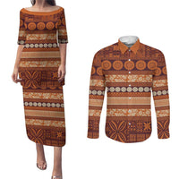 Fiji Marau na Kerisimasi Couples Matching Puletasi and Long Sleeve Button Shirt Gold Tapa Masi Inspired Christmas LT9 Gold - Polynesian Pride