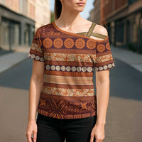 Fiji Marau na Kerisimasi Cross Shoulder Shirt Gold Tapa Masi Inspired Christmas LT9 - Polynesian Pride