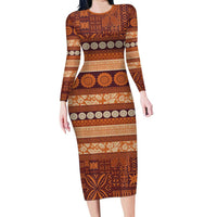Fiji Marau na Kerisimasi Long Sleeve Bodycon Dress Gold Tapa Masi Inspired Christmas LT9 Long Dress Gold - Polynesian Pride