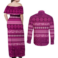 Fiji Marau na Kerisimasi Couples Matching Off Shoulder Maxi Dress and Long Sleeve Button Shirt Pink Tapa Masi Inspired Christmas LT9 - Polynesian Pride
