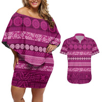 Fiji Marau na Kerisimasi Couples Matching Off Shoulder Short Dress and Hawaiian Shirt Pink Tapa Masi Inspired Christmas LT9 Pink - Polynesian Pride