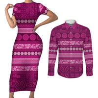 Fiji Marau na Kerisimasi Couples Matching Short Sleeve Bodycon Dress and Long Sleeve Button Shirt Pink Tapa Masi Inspired Christmas LT9 Pink - Polynesian Pride