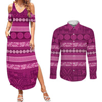 Fiji Marau na Kerisimasi Couples Matching Summer Maxi Dress and Long Sleeve Button Shirt Pink Tapa Masi Inspired Christmas LT9 Pink - Polynesian Pride