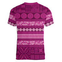 Fiji Marau na Kerisimasi Women V-Neck T-Shirt Pink Tapa Masi Inspired Christmas LT9 - Polynesian Pride