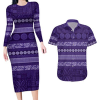 Fiji Marau na Kerisimasi Couples Matching Long Sleeve Bodycon Dress and Hawaiian Shirt Purple Tapa Masi Inspired Christmas LT9 Purple - Polynesian Pride
