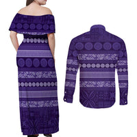Fiji Marau na Kerisimasi Couples Matching Off Shoulder Maxi Dress and Long Sleeve Button Shirt Purple Tapa Masi Inspired Christmas LT9 - Polynesian Pride