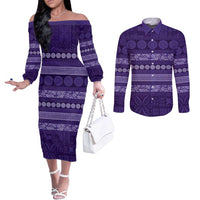 Fiji Marau na Kerisimasi Couples Matching Off The Shoulder Long Sleeve Dress and Long Sleeve Button Shirt Purple Tapa Masi Inspired Christmas LT9 Purple - Polynesian Pride