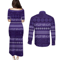 Fiji Marau na Kerisimasi Couples Matching Puletasi and Long Sleeve Button Shirt Purple Tapa Masi Inspired Christmas LT9 - Polynesian Pride