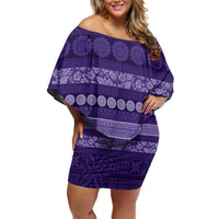 Fiji Marau na Kerisimasi Family Matching Off Shoulder Short Dress and Hawaiian Shirt Purple Tapa Masi Inspired Christmas LT9 Mom's Dress Purple - Polynesian Pride