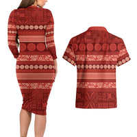 Fiji Marau na Kerisimasi Couples Matching Long Sleeve Bodycon Dress and Hawaiian Shirt Red Tapa Masi Inspired Christmas LT9 - Polynesian Pride