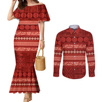 Fiji Marau na Kerisimasi Couples Matching Mermaid Dress and Long Sleeve Button Shirt Red Tapa Masi Inspired Christmas LT9 Red - Polynesian Pride