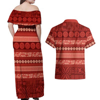 Fiji Marau na Kerisimasi Couples Matching Off Shoulder Maxi Dress and Hawaiian Shirt Red Tapa Masi Inspired Christmas LT9 - Polynesian Pride
