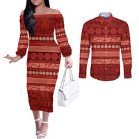 Fiji Marau na Kerisimasi Couples Matching Off The Shoulder Long Sleeve Dress and Long Sleeve Button Shirt Red Tapa Masi Inspired Christmas LT9 Red - Polynesian Pride