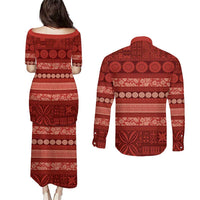 Fiji Marau na Kerisimasi Couples Matching Puletasi and Long Sleeve Button Shirt Red Tapa Masi Inspired Christmas LT9 - Polynesian Pride