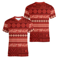 Fiji Marau na Kerisimasi Women V-Neck T-Shirt Red Tapa Masi Inspired Christmas LT9 - Polynesian Pride