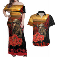 Maori Kiwi Soldier Fern Tattoo ANZAC Day Couples Matching Off Shoulder Maxi Dress and Hawaiian Shirt Lest We Forget LT9 Black - Polynesian Pride