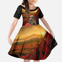 Maori Kiwi Soldier Fern Tattoo ANZAC Day Family Matching Off Shoulder Maxi Dress and Hawaiian Shirt Lest We Forget LT9 Daughter's Dress Black - Polynesian Pride
