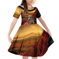 Maori Kiwi Soldier Fern Tattoo ANZAC Day Family Matching Off Shoulder Short Dress and Hawaiian Shirt Lest We Forget LT9 Daughter's Dress Black - Polynesian Pride