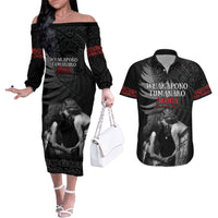 New Zealand Mother's Day Couples Matching Off The Shoulder Long Sleeve Dress and Hawaiian Shirt Maori Hongi Aroha Ahau Ki A Koe Mama LT9 Black - Polynesian Pride