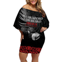 New Zealand Mother's Day Family Matching Off Shoulder Short Dress and Hawaiian Shirt Maori Hongi Aroha Ahau Ki A Koe Mama LT9 Mom's Dress Black - Polynesian Pride