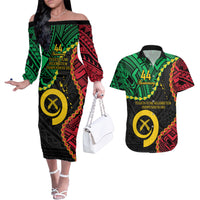Personalised Vanuatu 44th Anniversary Couples Matching Off The Shoulder Long Sleeve Dress and Hawaiian Shirt Tugeta Yumi Selebretem Indipendens Dei LT9 Black - Polynesian Pride