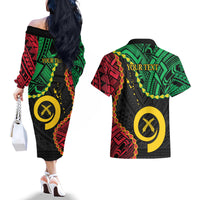 Personalised Vanuatu 44th Anniversary Couples Matching Off The Shoulder Long Sleeve Dress and Hawaiian Shirt Tugeta Yumi Selebretem Indipendens Dei LT9 - Polynesian Pride