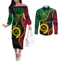 Personalised Vanuatu 44th Anniversary Couples Matching Off The Shoulder Long Sleeve Dress and Long Sleeve Button Shirt Tugeta Yumi Selebretem Indipendens Dei LT9 Black - Polynesian Pride