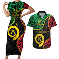 Personalised Vanuatu 44th Anniversary Couples Matching Short Sleeve Bodycon Dress and Hawaiian Shirt Tugeta Yumi Selebretem Indipendens Dei LT9 Black - Polynesian Pride