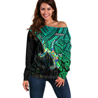 Aotearoa Papua Shell Off Shoulder Sweater Maori Tribal Pattern LT9 Women Green - Polynesian Pride