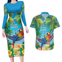 5 Oclock Somewhere Couples Matching Long Sleeve Bodycon Dress and Hawaiian Shirt Hawaii Parrots Cocktail Summer Beach Vibe LT9 Blue - Polynesian Pride