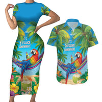 5 Oclock Somewhere Couples Matching Short Sleeve Bodycon Dress and Hawaiian Shirt Hawaii Parrots Cocktail Summer Beach Vibe LT9 Blue - Polynesian Pride