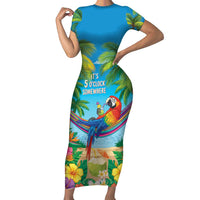 5 Oclock Somewhere Family Matching Short Sleeve Bodycon Dress and Hawaiian Shirt Hawaii Parrots Cocktail Summer Beach Vibe LT9 Mom's Dress Blue - Polynesian Pride