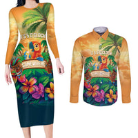 5 Oclock Somewhere Personalized Couples Matching Long Sleeve Bodycon Dress and Long Sleeve Button Shirt Hawaii Parrots Plumeria Summer Vibe LT9 Yellow - Polynesian Pride