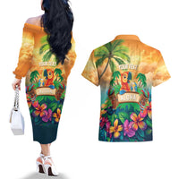 5 Oclock Somewhere Personalized Couples Matching Off The Shoulder Long Sleeve Dress and Hawaiian Shirt Hawaii Parrots Plumeria Summer Vibe LT9 - Polynesian Pride