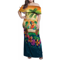 5 Oclock Somewhere Personalized Family Matching Off Shoulder Maxi Dress and Hawaiian Shirt Hawaii Parrots Plumeria Summer Vibe LT9 Mom's Dress Yellow - Polynesian Pride