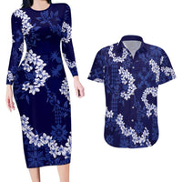 Mokihana Maile and Ilima Leis Couples Matching Long Sleeve Bodycon Dress and Hawaiian Shirt Uliuli Hawaiian Tapa Quilt Pattern LT9 Blue - Polynesian Pride