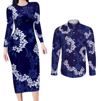 Mokihana Maile and Ilima Leis Couples Matching Long Sleeve Bodycon Dress and Long Sleeve Button Shirt Uliuli Hawaiian Tapa Quilt Pattern LT9 Blue - Polynesian Pride