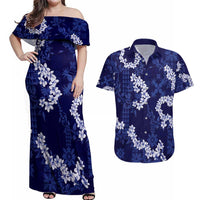 Mokihana Maile and Ilima Leis Couples Matching Off Shoulder Maxi Dress and Hawaiian Shirt Uliuli Hawaiian Tapa Quilt Pattern LT9 Blue - Polynesian Pride